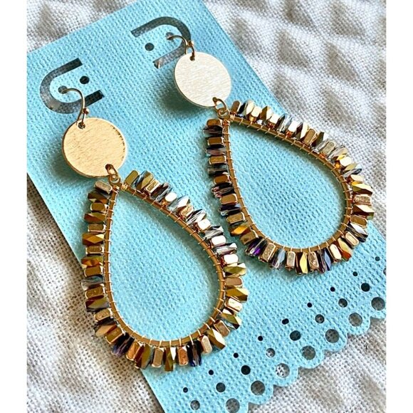 New Faceted Beaded Gold Tone Boho Teardrop Shape Dangle Statement Earrings - 3" - Picture 4 of 4